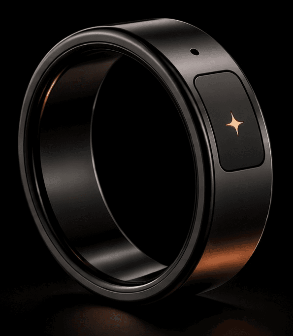 Nakshi Thimble, a charcoal ring with a touch pad and a small orange star