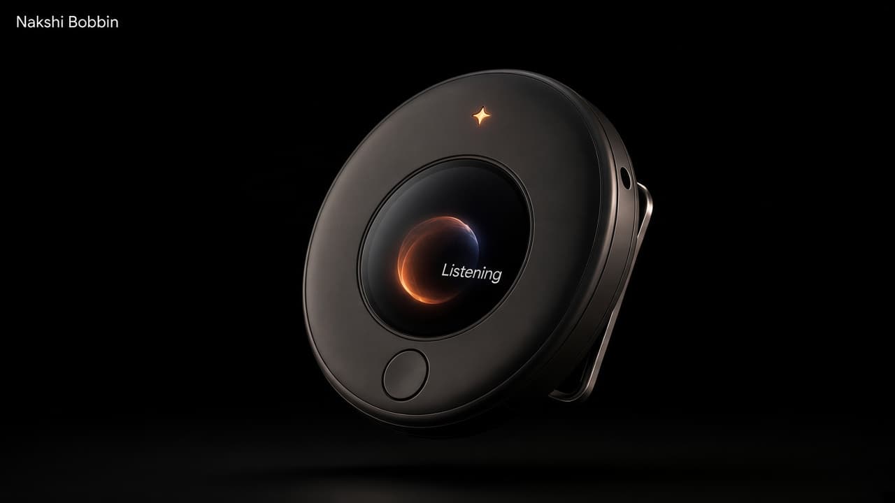 Nakshi Bobbin, charcoal circular companion with a smoked OLED face showing Listening and an orange four-point star