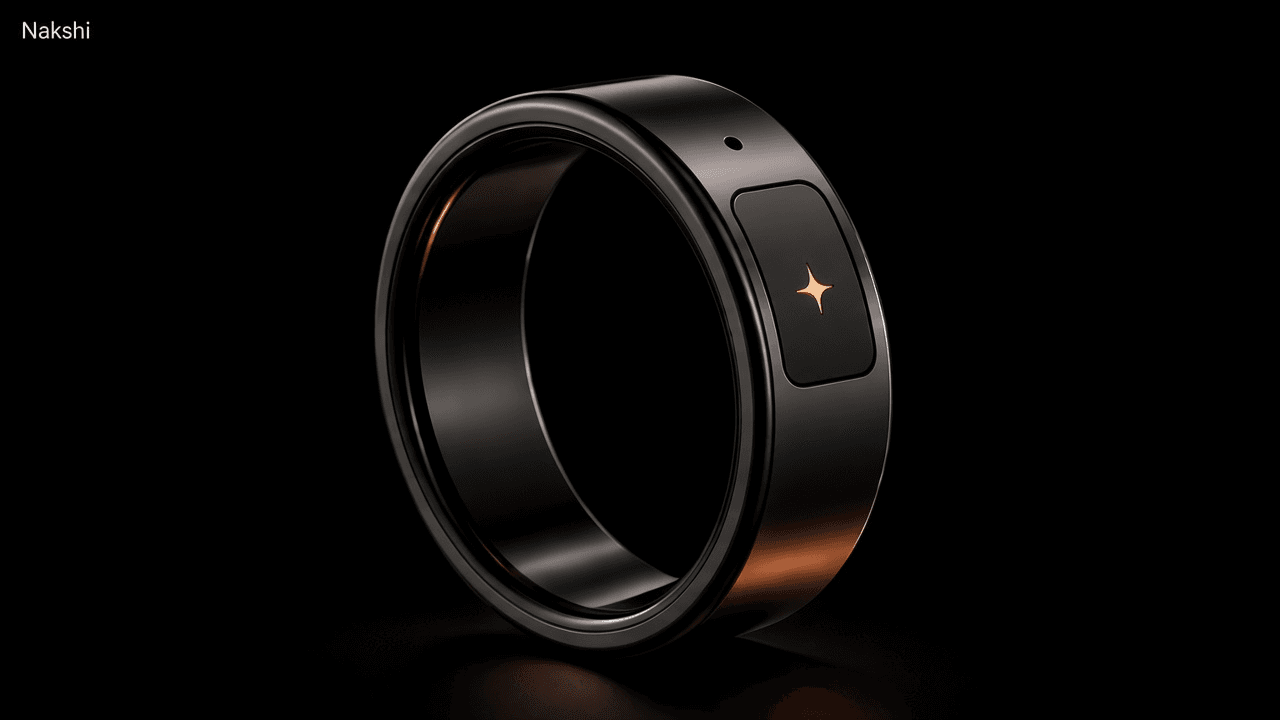 Nakshi Thimble, charcoal capture ring with a recessed touch pad and a small orange star